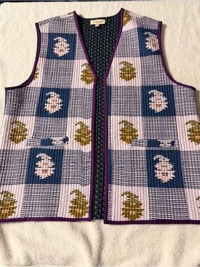 Fragonard Homme quilted Floral Patchwork Vest - Purple Trim, Blue & Cream.